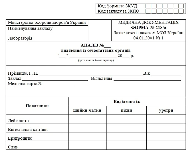 Скачайте форму № 218/о «Аналіз виділення із сечостатевих органів» Форма № 218/о «Аналіз виділення із сечостатевих органів»