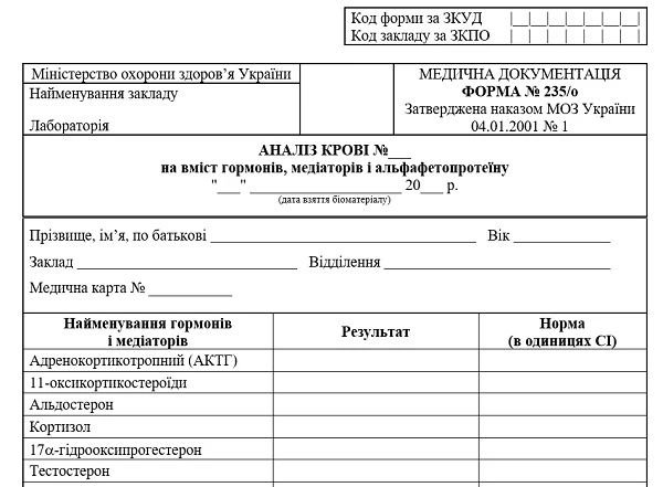 Аналіз крові на вміст гормонів, медіаторів і альфафетопротеїну: форма № 235/о Аналіз крові на вміст гормонів, медіаторів і альфафетопротеїну: форма № 235/о
