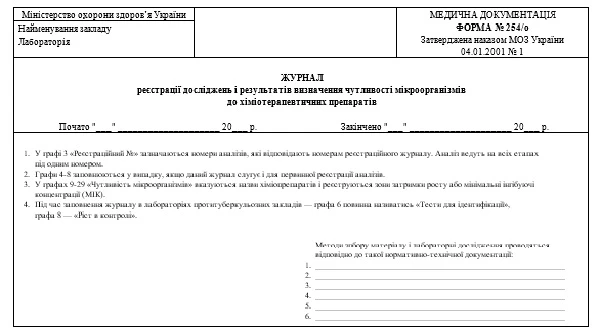 Журнал реєстрації досліджень і результатів визначення чутливості мікроорганізмів до хіміотерапевтичних препаратів: форма 254/о Журнал реєстрації досліджень і результатів визначення чутливості мікроорганізмів до хіміотерапевтичних препаратів: форма 254/о