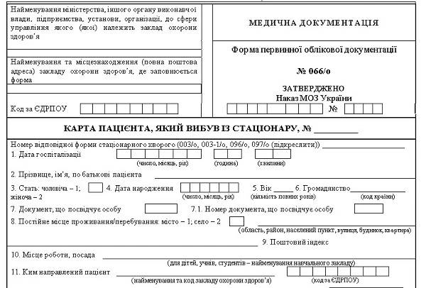 Карта пацієнта, який вибув із стаціонару: форма № 066/о Карта пацієнта, який вибув із стаціонару: форма № 066/о